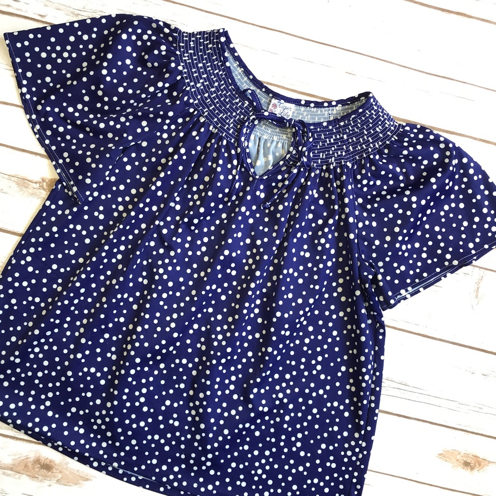 Vintage Tiger Lily Navy Polka Dot Flutter Top L